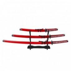 New 3 PSC Red / Rose Japanese Dragon Samurai Warrior Katana Wakizashi Tanto Sword Set with 3 Tier Display Stand